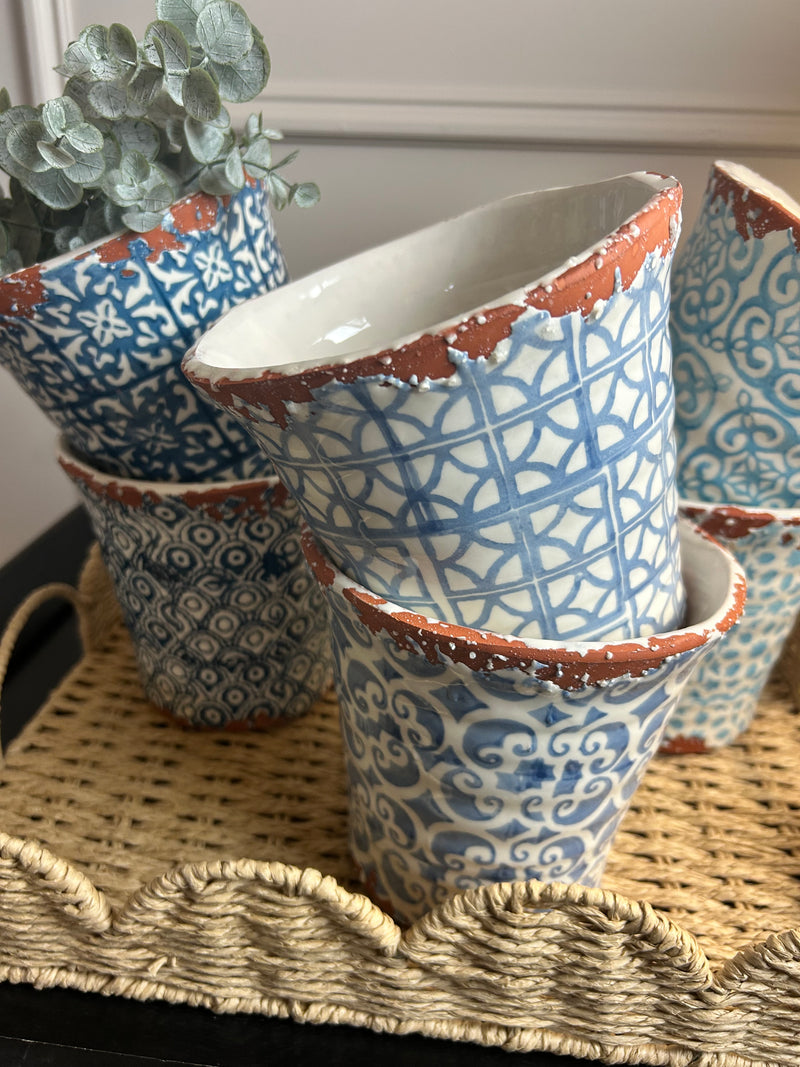 Blue Glazed Terracotta rustic Plant Pots, 6 designs 3 colours