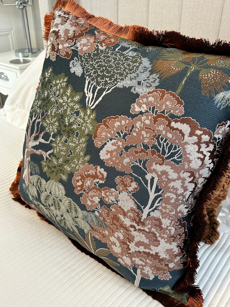 Woodlands Jacquard Print & Velvet Fringed Large Cushion 55x55cm