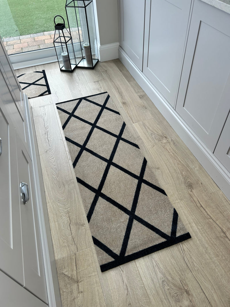 Abstract Natural Black Geometric Washable Door Mat & Runner rug