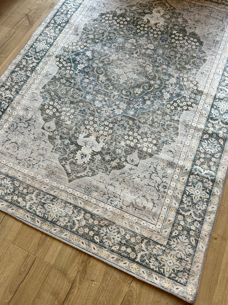 Oakham Traditional blue green Grey Washable Runner mat rug Available in 3 Sizes