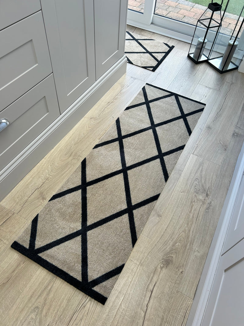 Abstract Natural Black Geometric Washable Door Mat & Runner rug