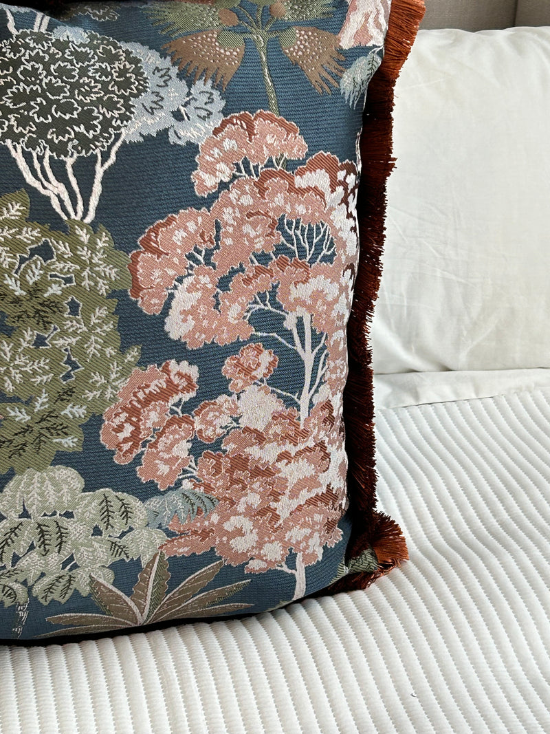 Woodlands Jacquard Print & Velvet Fringed Large Cushion 55x55cm