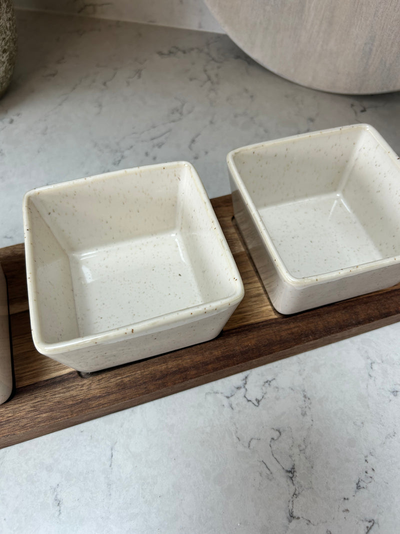 Square Ceramic Dip Dishes on Wood Tray 32cm