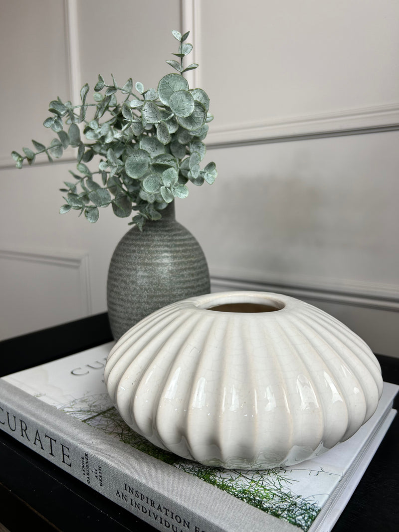 White Ribbed Ceramic squat Vase