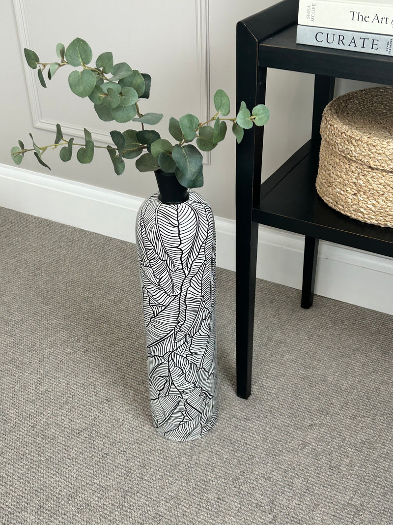 Black white leaf detail embossed tall vase 60cm