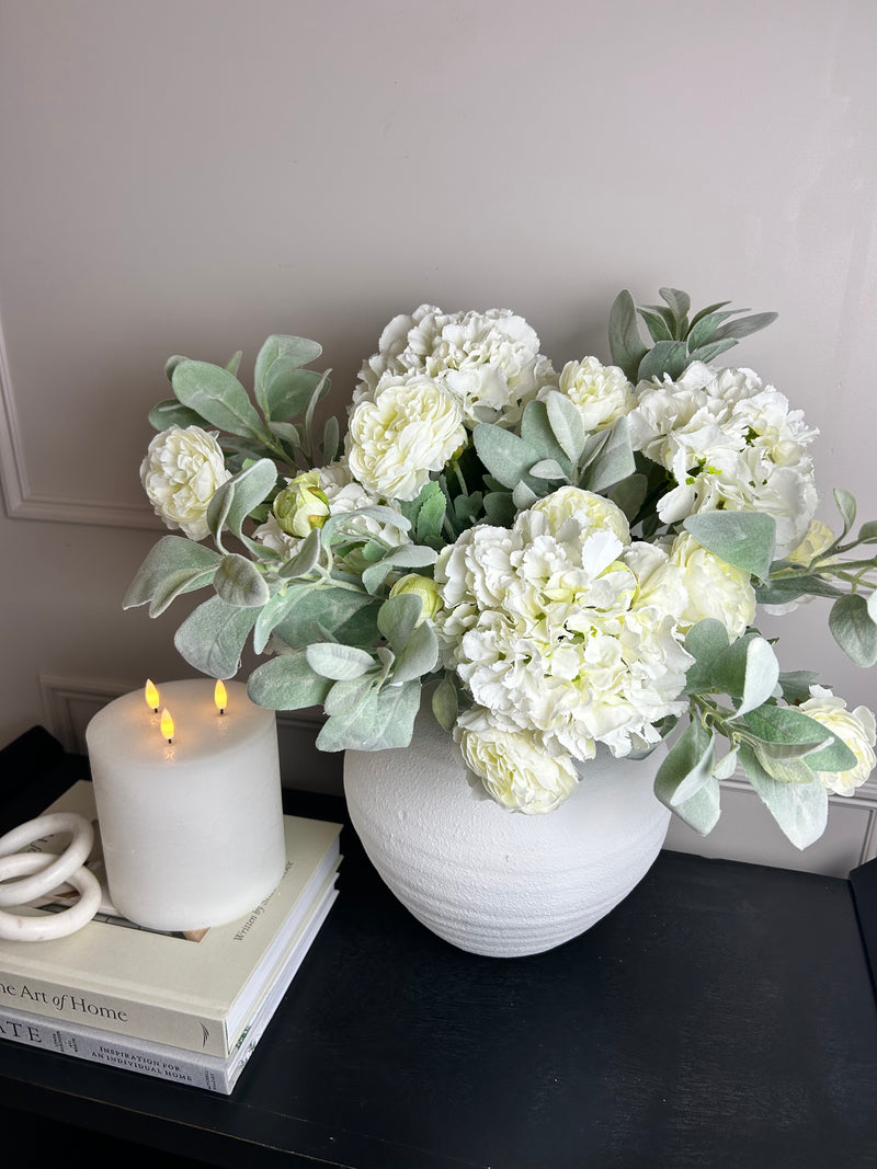 Bouquet arrangement 3 lambs ear white hydrangeas white ranunculus