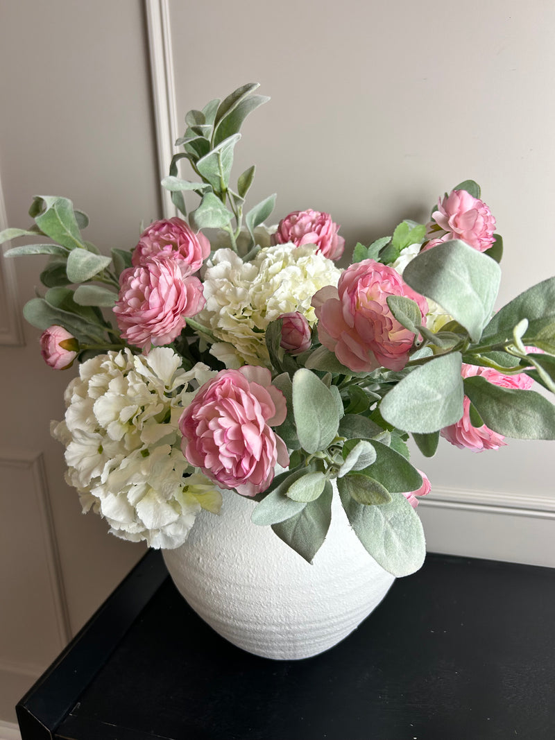 Bouquet arrangement 2 lambs ear hydrangeas and pink ranunculus stems