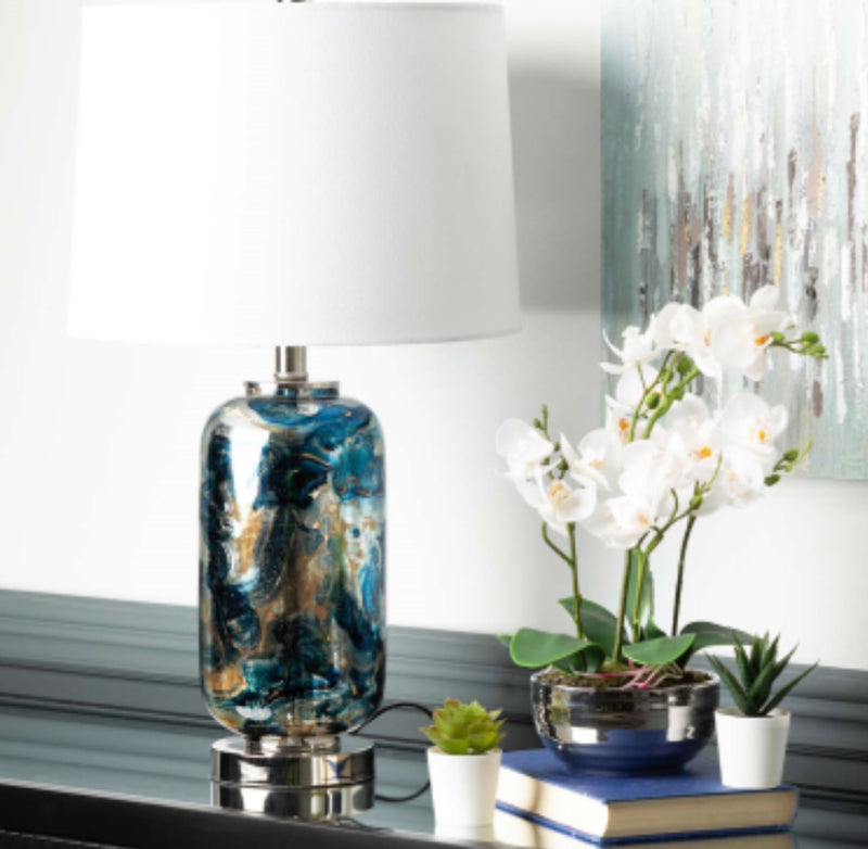 Blue turquoise navy silver lamp with white shade