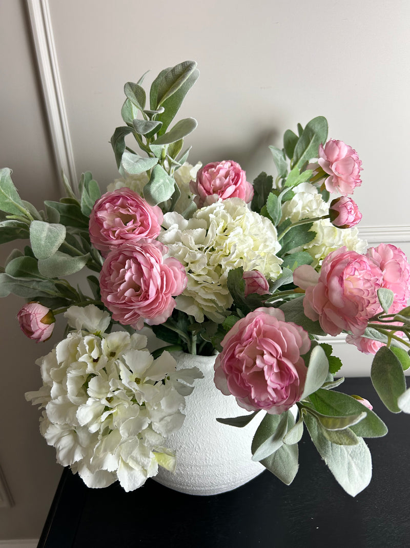 Bouquet arrangement 2 lambs ear hydrangeas and pink ranunculus stems