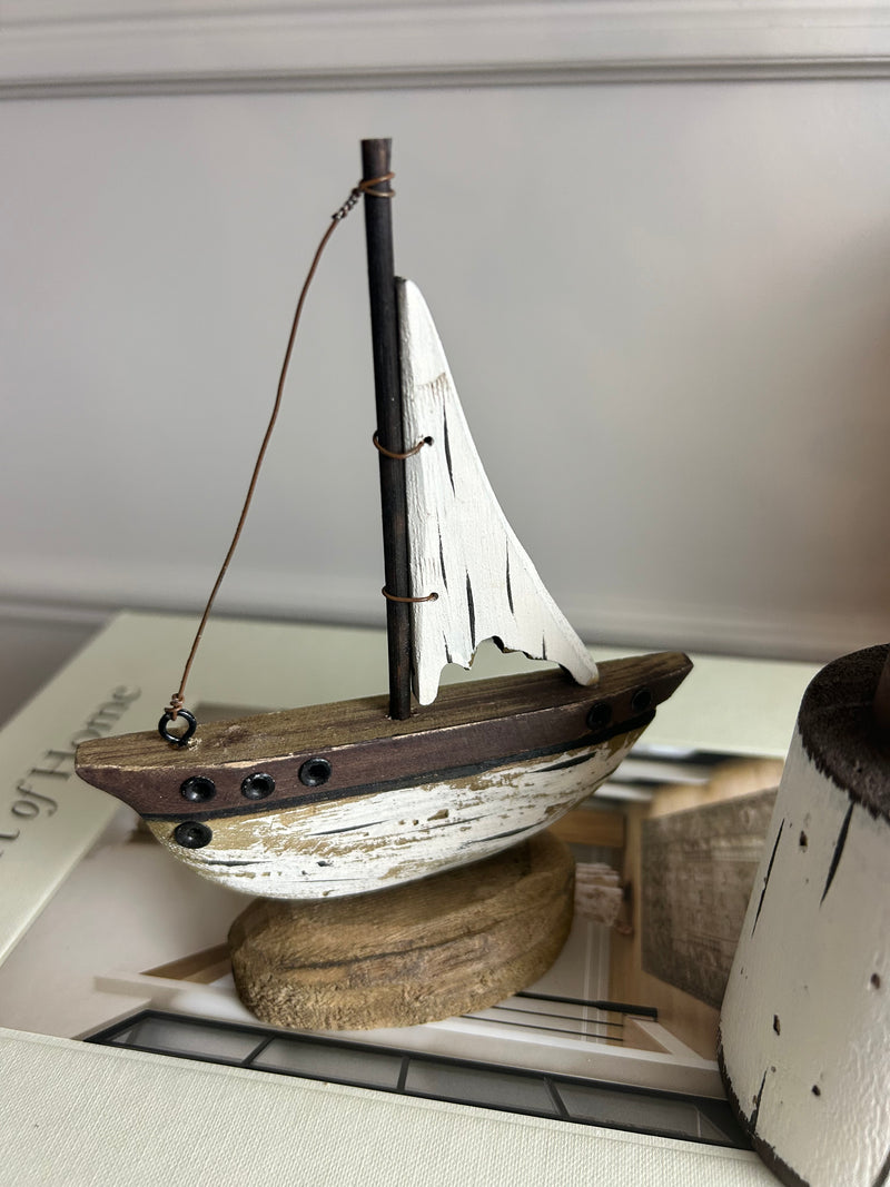 Rustic wooden sailing boat ornament