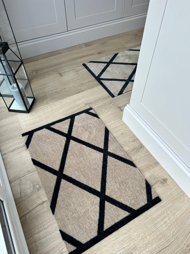 Abstract Natural Black Geometric Washable Door Mat & Runner rug