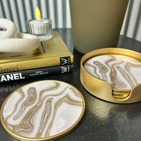 Gold marble swirl set of 4 coasters in holder