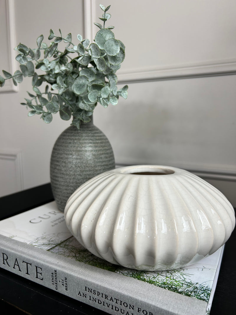 White Ribbed Ceramic squat Vase