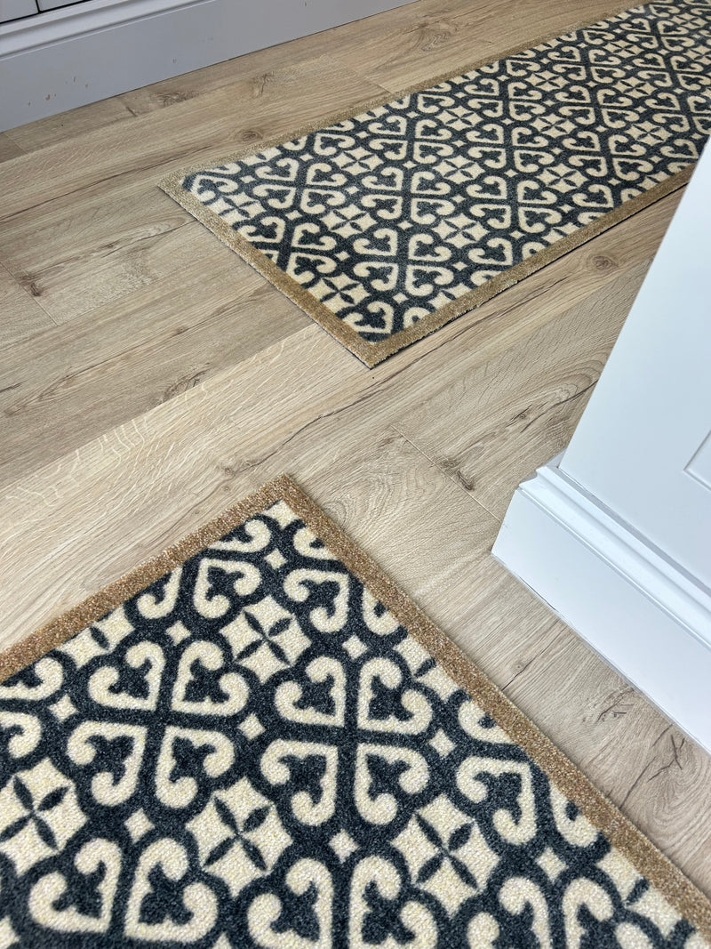 Harlequin Grey Taupe Tile Patterned Washable Door Mat & Runner rug