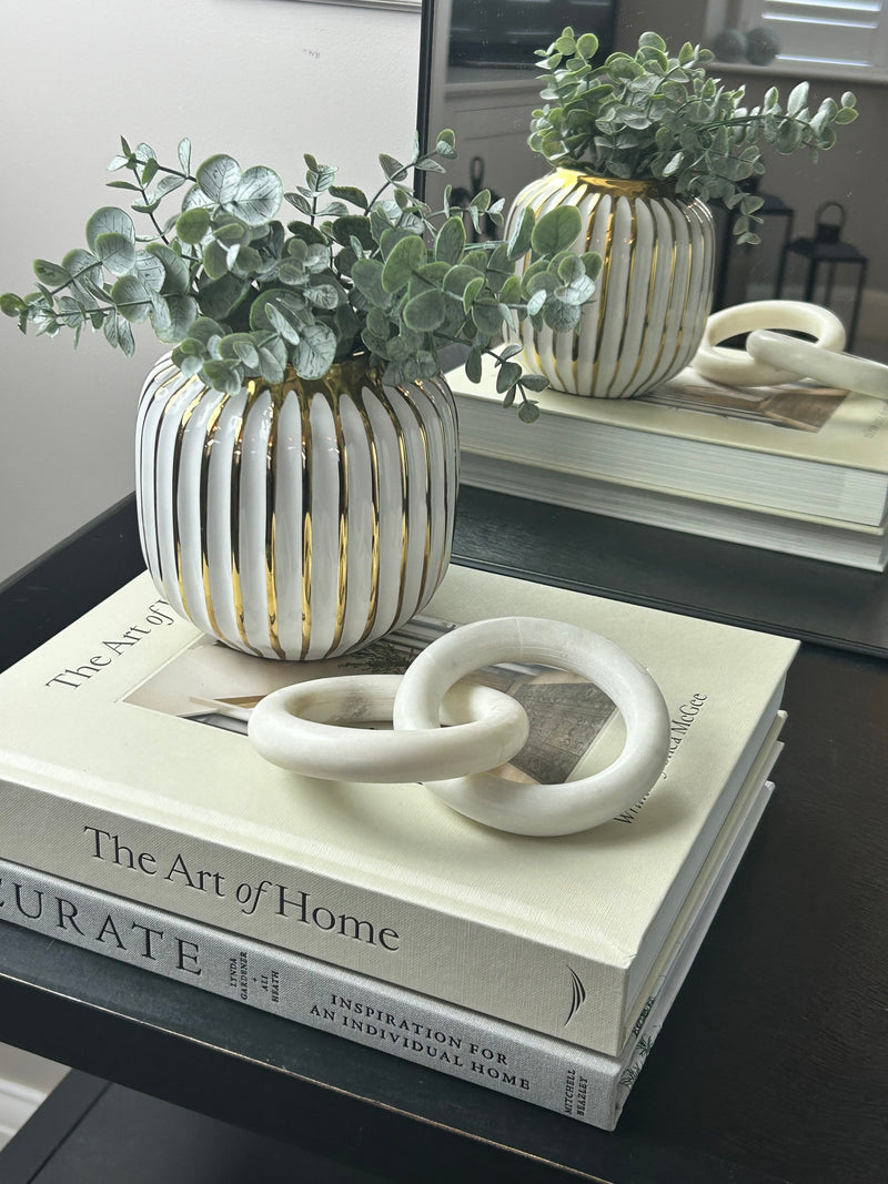 Brown and white textured wood look round vase