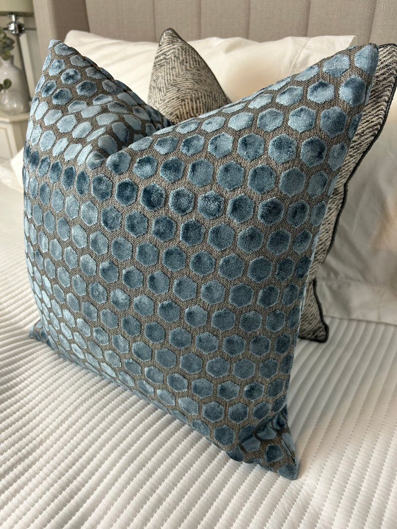 Mid blue Jorvik hex luxury cushion