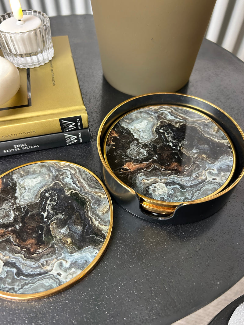 Black gold marble set of 4 coasters in holder