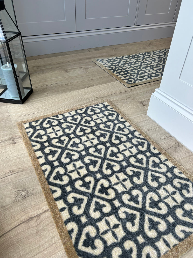 Harlequin Grey Taupe Tile Patterned Washable Door Mat & Runner rug