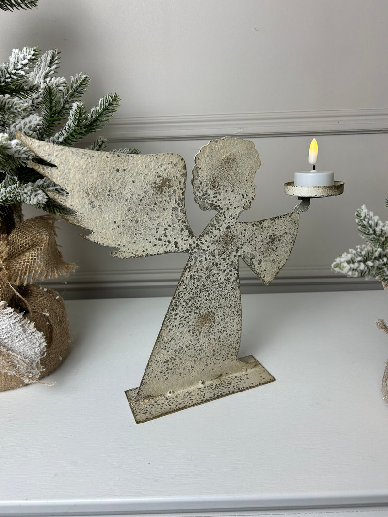 Tall rustic metal angel candle holder 28cm