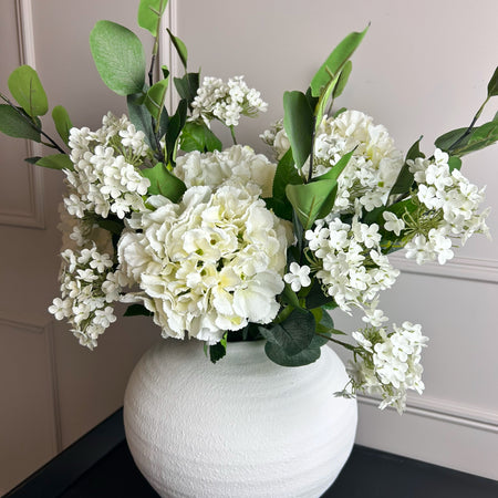 Bouquet arrangement 1 eucalyptus hydrangea Charlotte blossom ball 2 styles white and pink