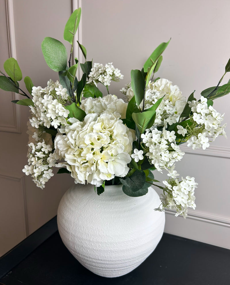 Bouquet arrangement 1 eucalyptus hydrangea Charlotte blossom ball 2 styles white and pink