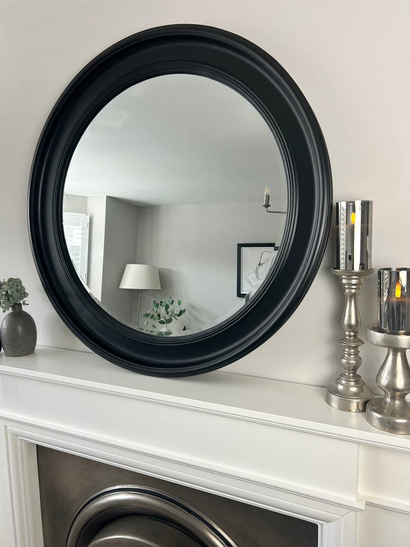 Black wood round framed mirror 90cm