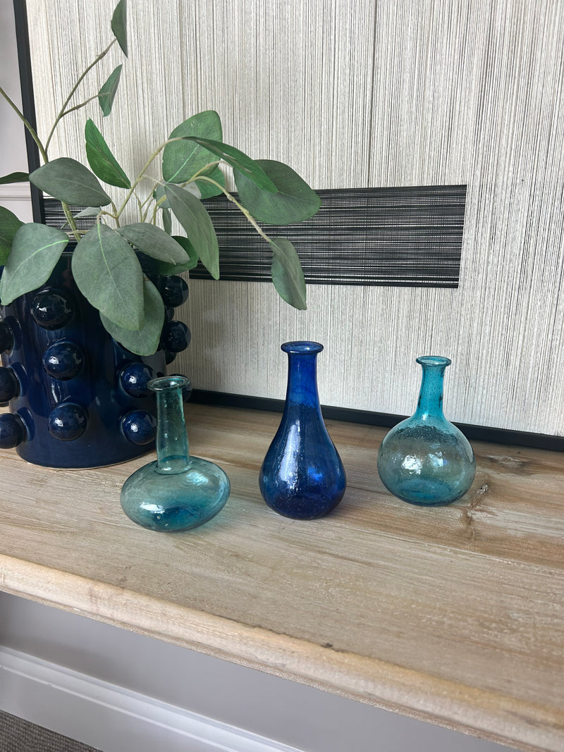 Set of 3 handmade glass bottles bud vases