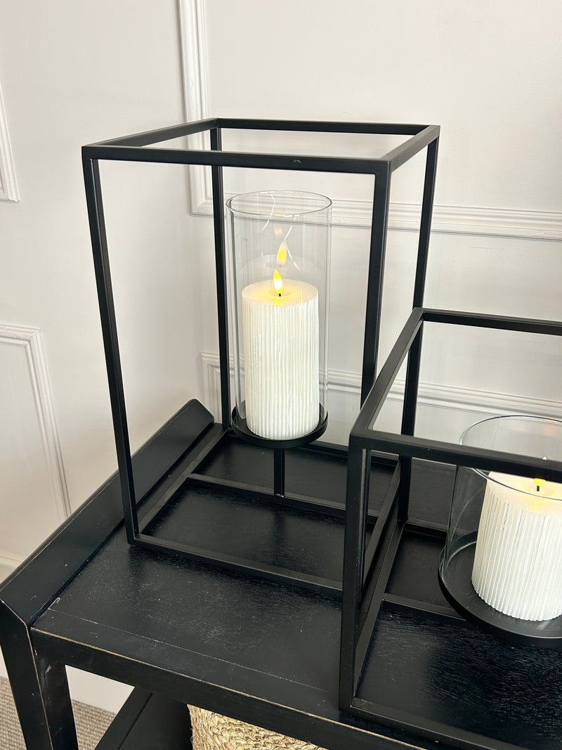 Framed windlight black metal candle holder 2 sizes