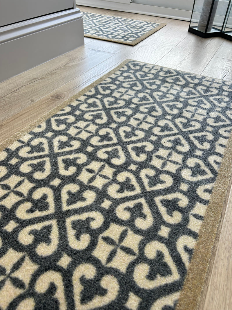 Harlequin Grey Taupe Tile Patterned Washable Door Mat & Runner rug