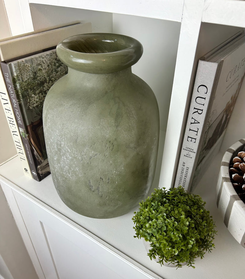 Chunky frosted olive green vase