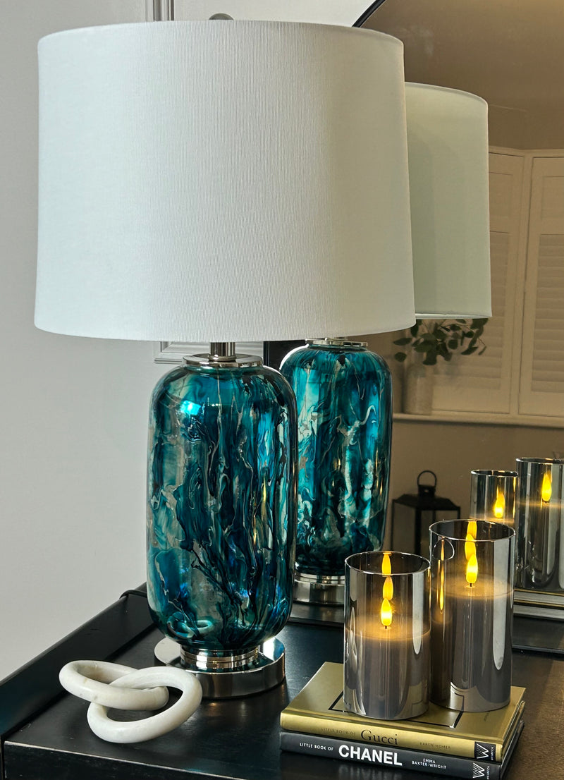 Blue turquoise navy silver lamp with white shade