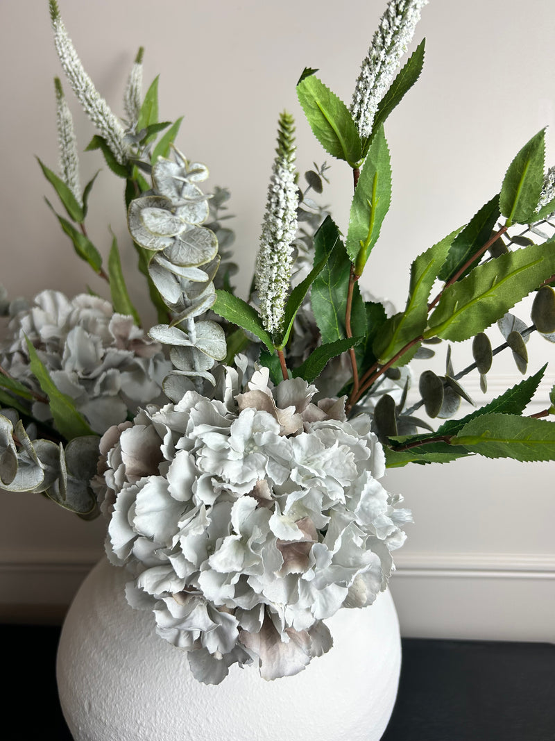 Bouquet arrangement 4 grey/taupe hydrangeas white Veronica eucalyptus bunch