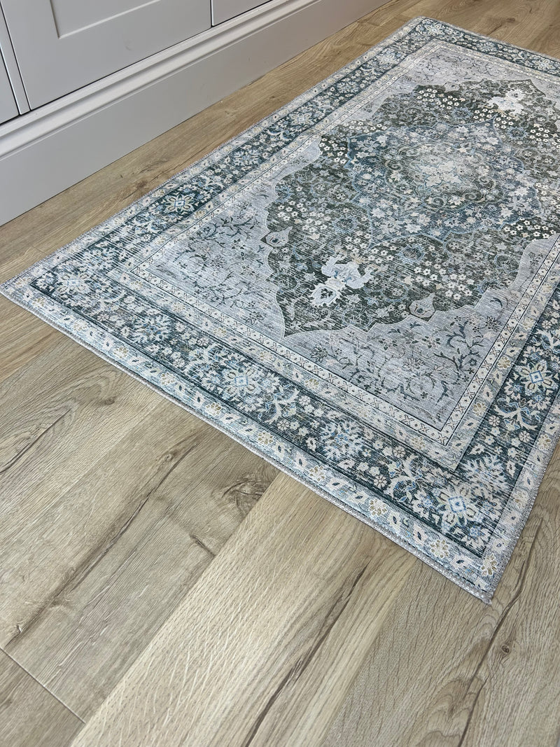 Oakham Traditional blue green Grey Washable Runner mat rug Available in 3 Sizes