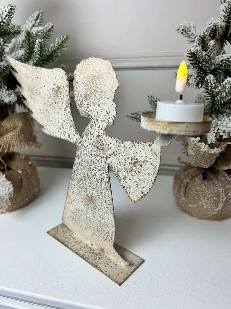 Tall rustic metal angel candle holder 28cm