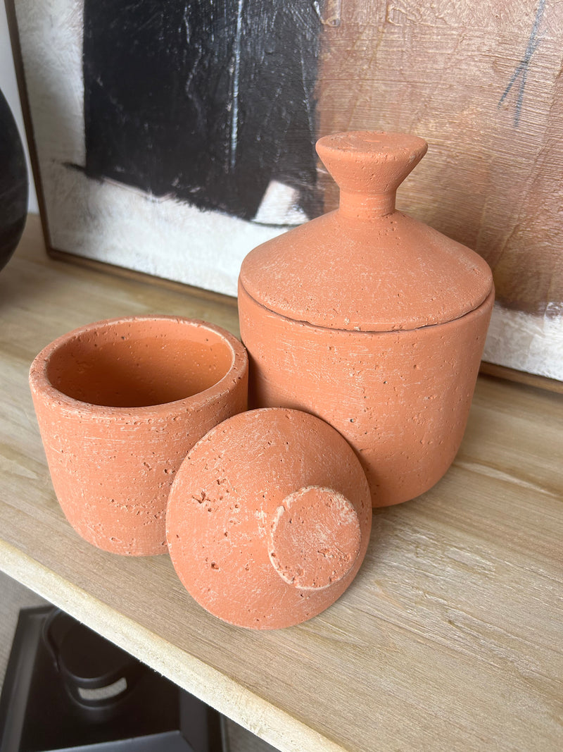 Terracotta textured lidded jar pot 2 sizes