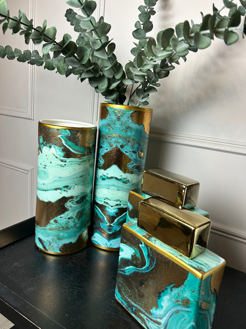 Blue turquoise White Gold Abstract Tall vase 2 Sizes