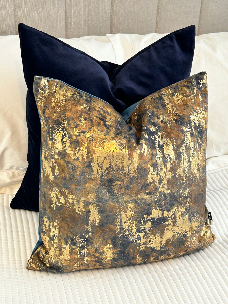 Brazen Blue gold bronze metallic textured luxury feather filled cushion