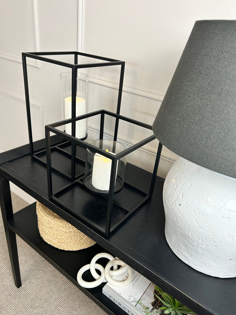 Framed windlight black metal candle holder 2 sizes