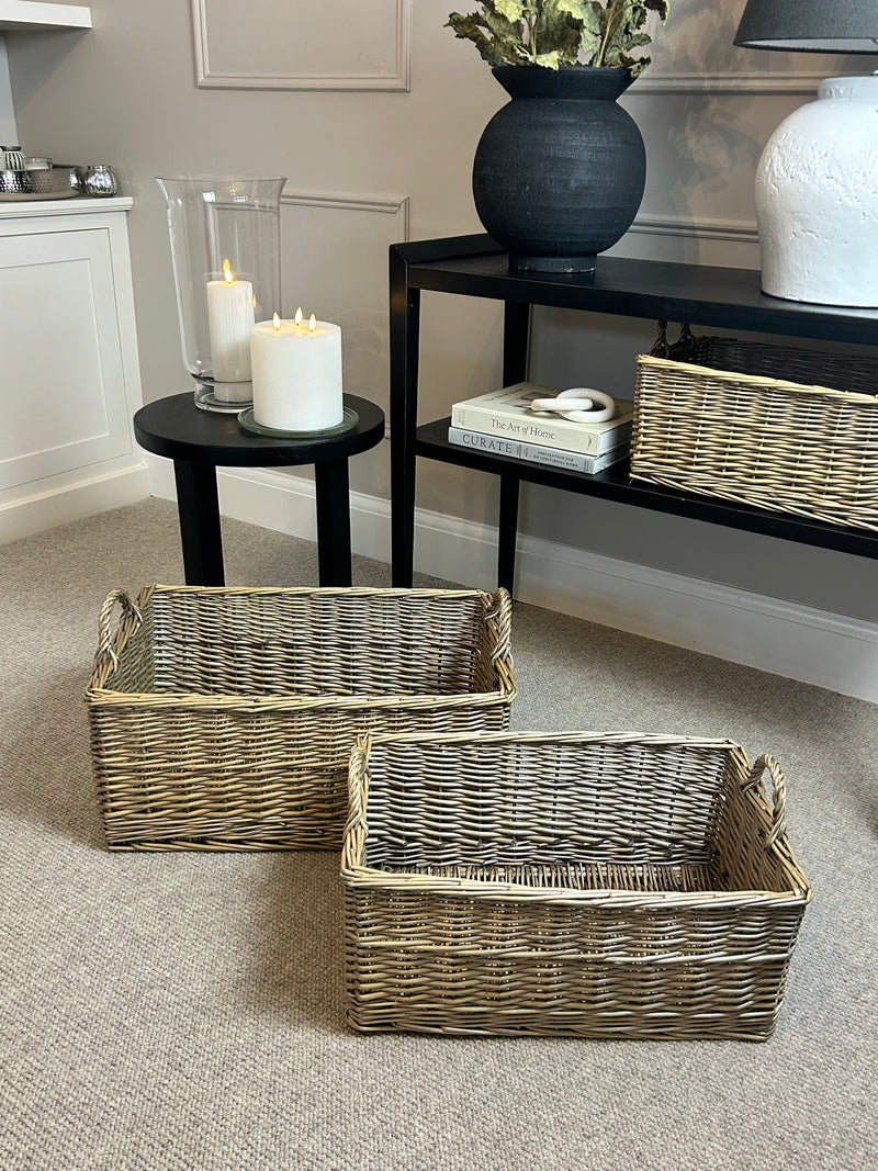 Rectangular grey wash wicker woven basket 3 sizes