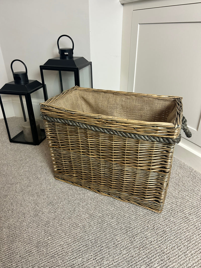 Rectangular dark weave rope lined basket