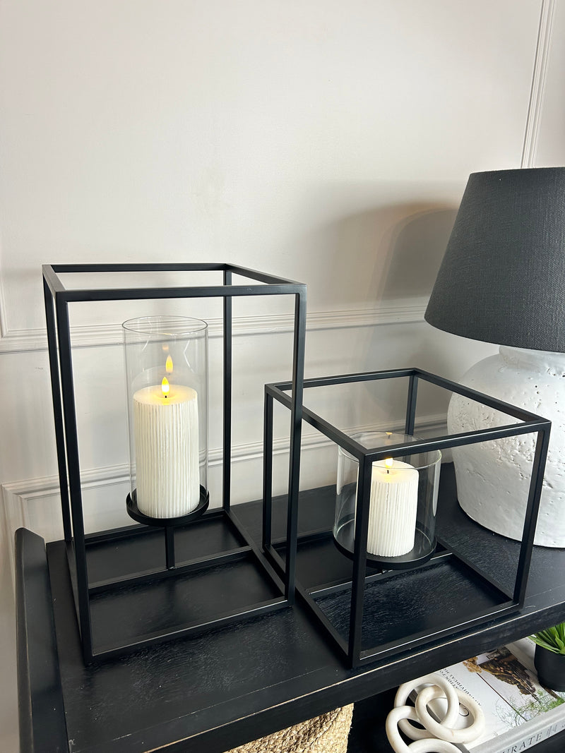 Framed windlight black metal candle holder 2 sizes