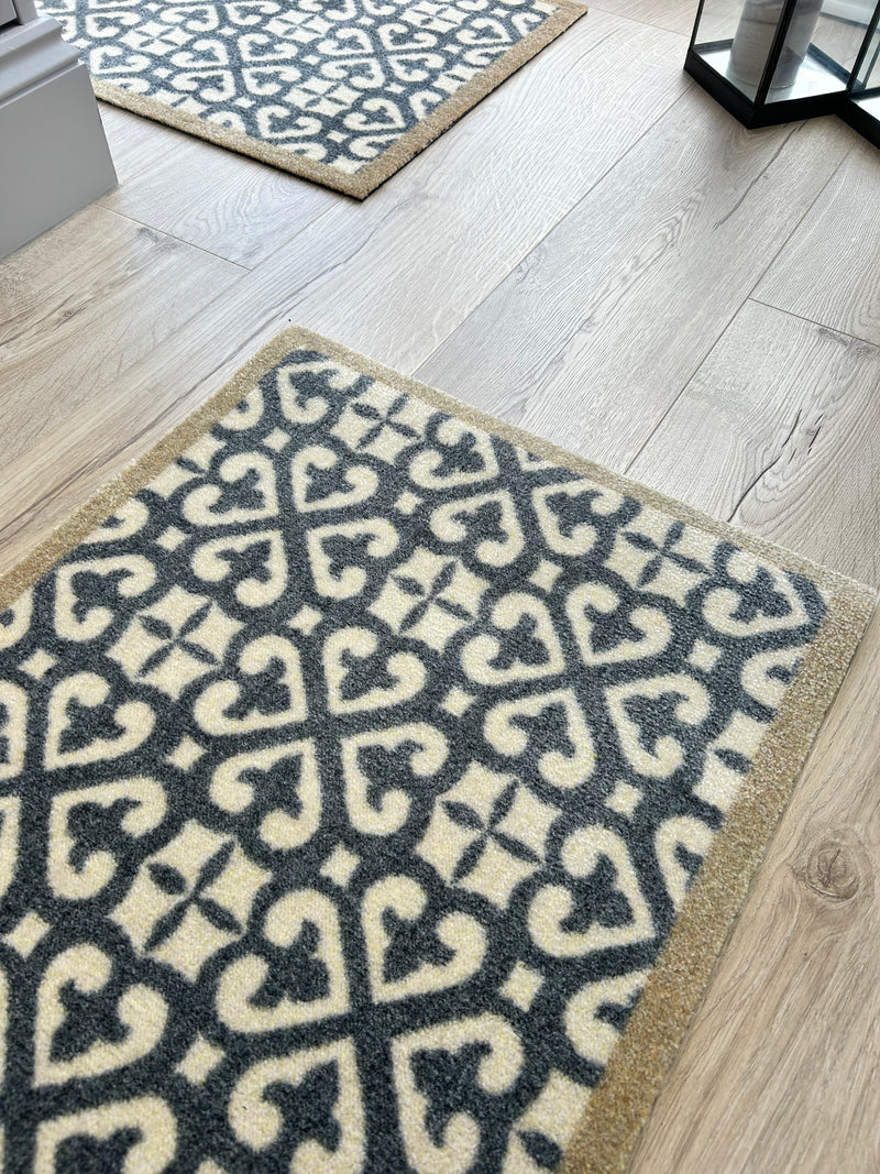 Harlequin Grey Taupe Tile Patterned Washable Door Mat & Runner rug