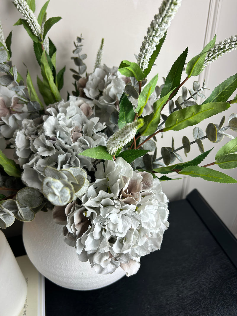 Bouquet arrangement 4 grey/taupe hydrangeas white Veronica eucalyptus bunch