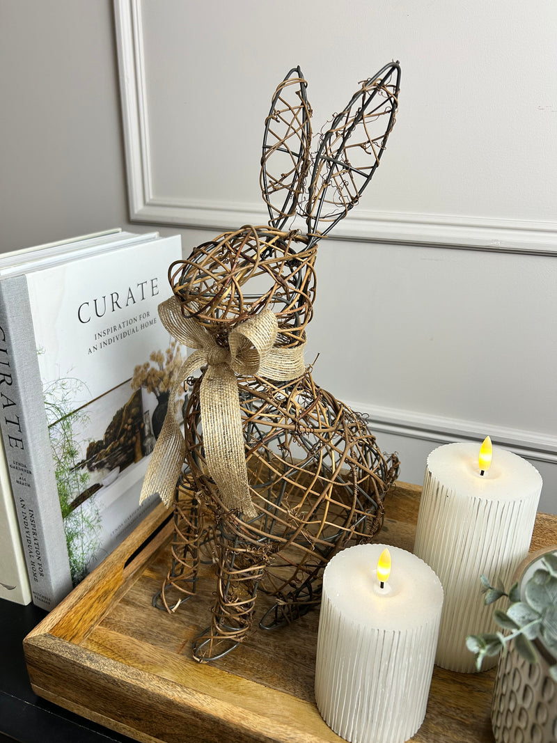 Woven rattan wicker rabbit bunny with woven bow 40cm Easter