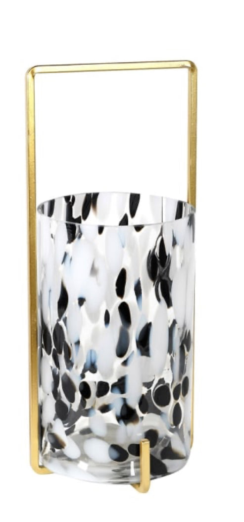 Black white gold fleck candle holder glass metal