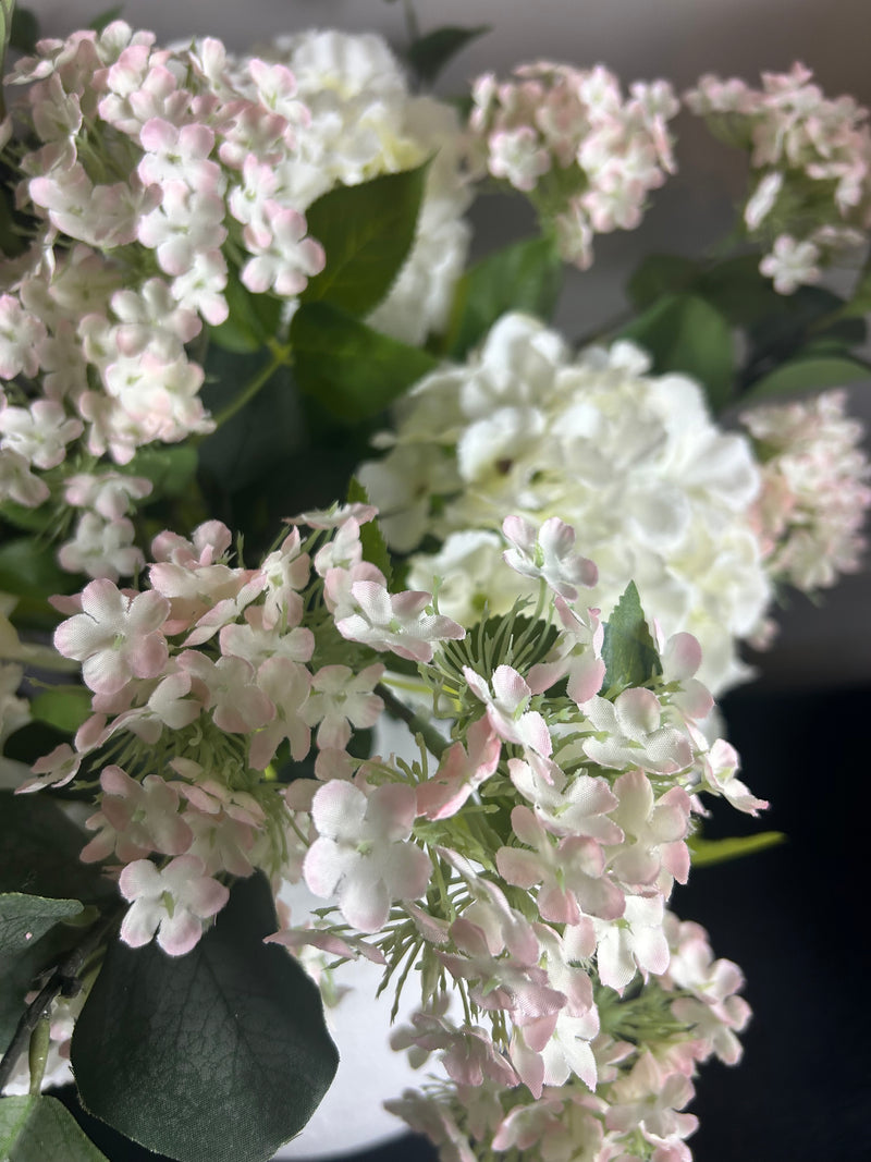 Bouquet arrangement 1 eucalyptus hydrangea Charlotte blossom ball 2 styles white and pink