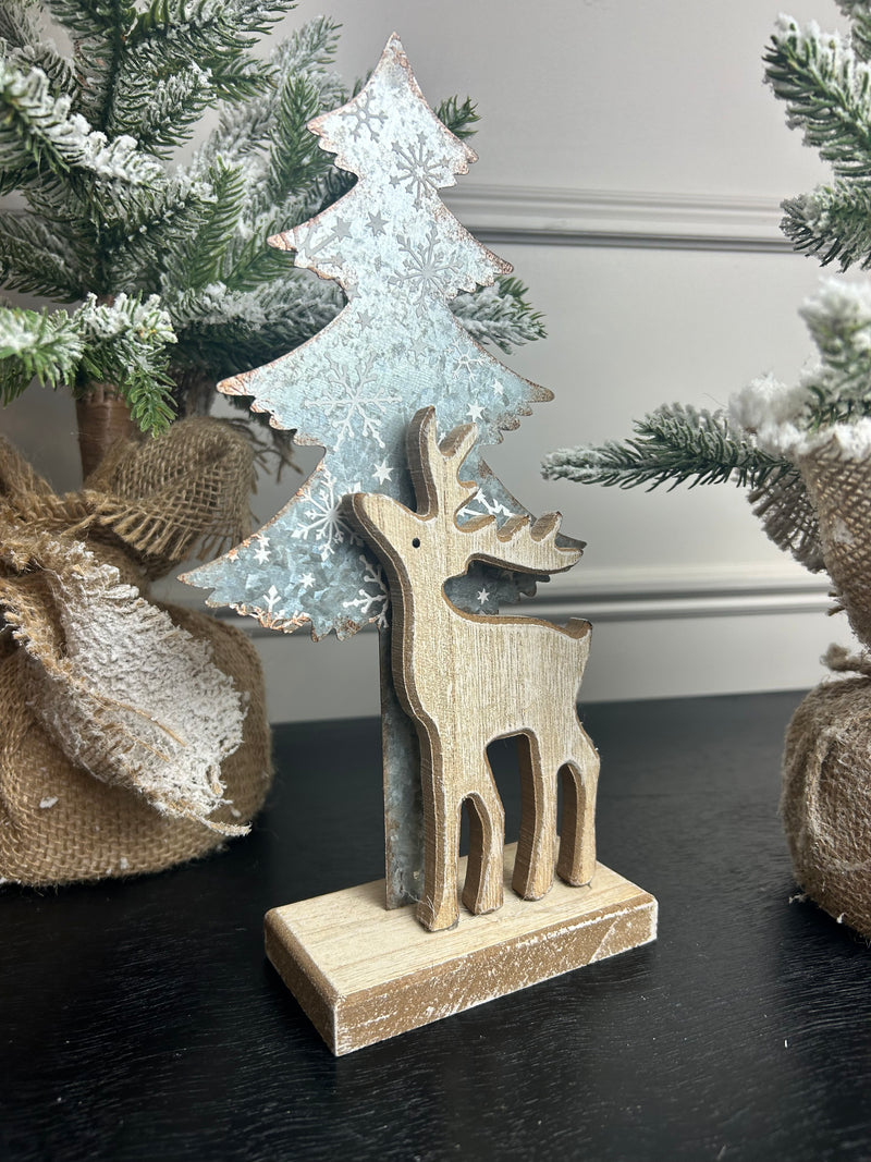 Wooden reindeer Deer and Silver Tree on Stand