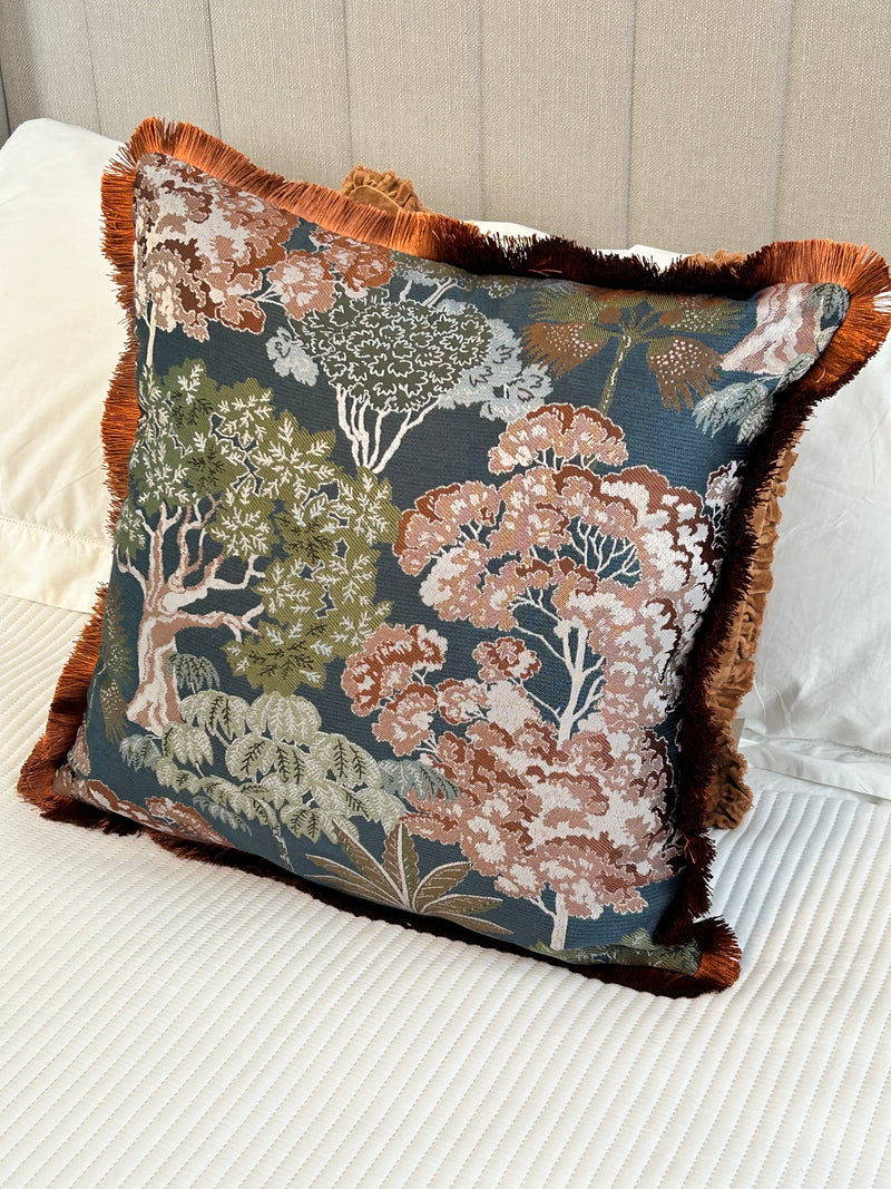 Woodlands Jacquard Print & Velvet Fringed Large Cushion 55x55cm