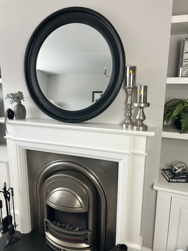 Black wood round framed mirror 90cm