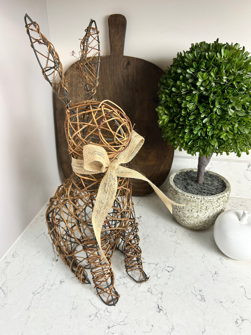 Woven rattan wicker rabbit bunny with woven bow 40cm Easter